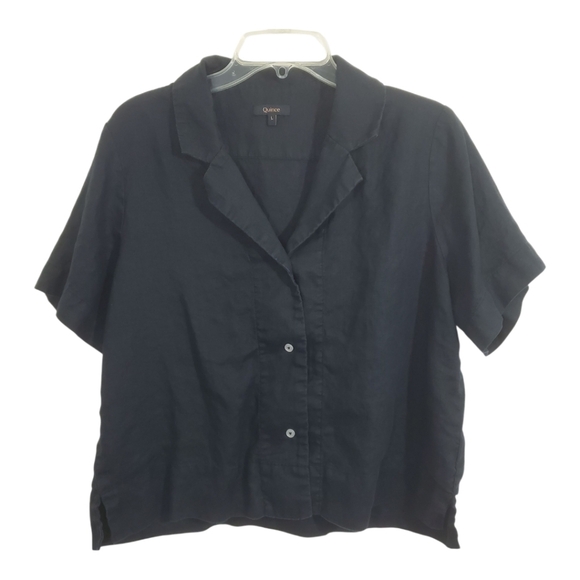 Quince Tops - Quince 100% European Linen Short Sleeve Shirt Black Boxy Cropped Size Large Boho